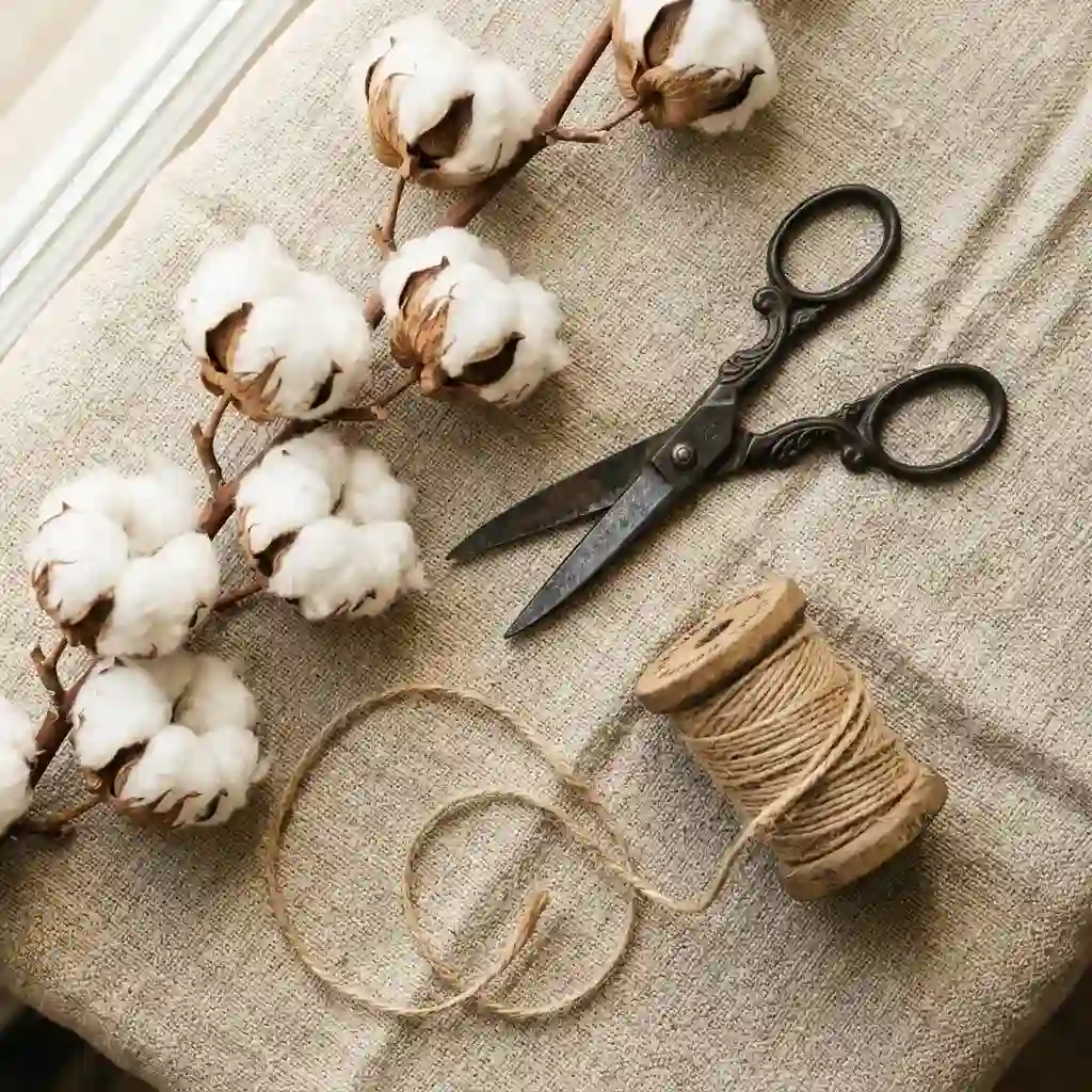 Materiales de algodón y tijeras sobre lino