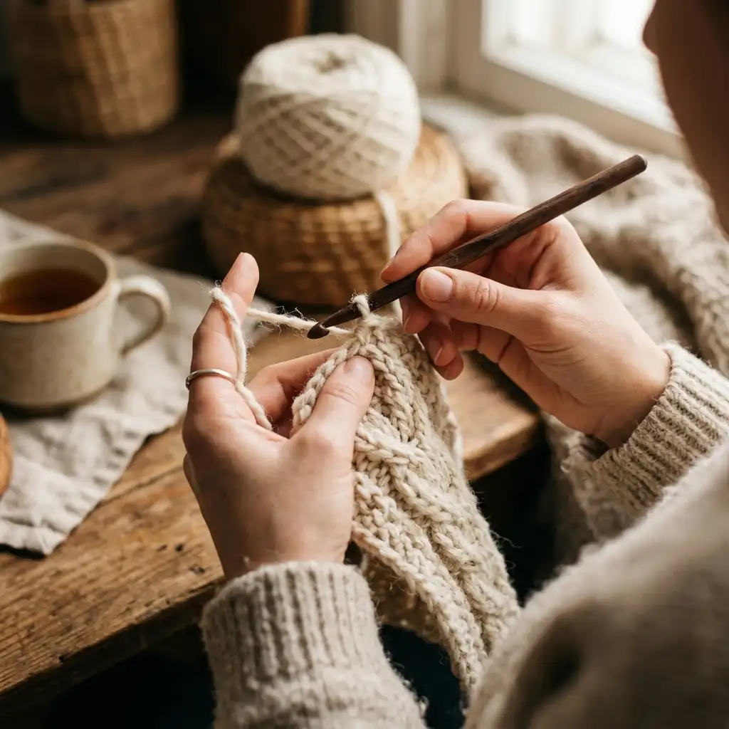 Manos tejiendo crochet con lana cruda