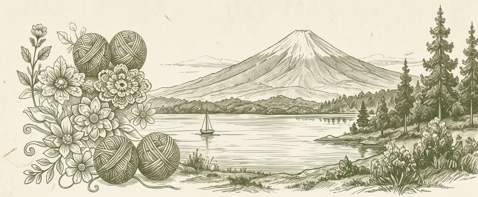 Grabado clásico del lago y volcán en el sur de Chile