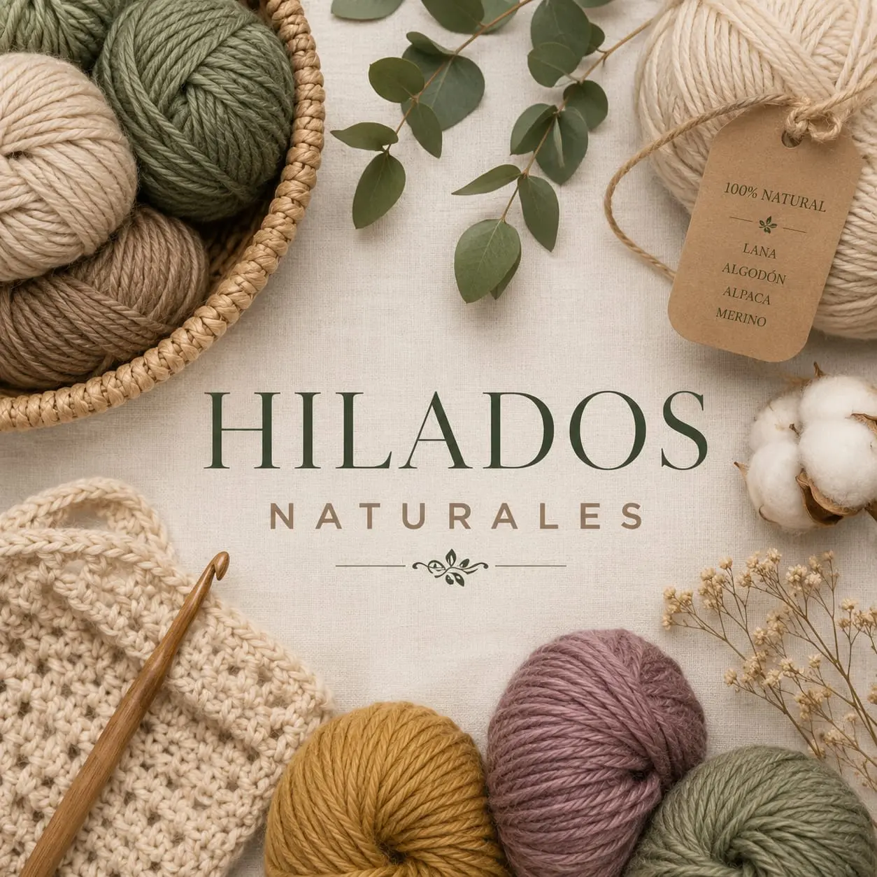 Ovillos de lana en tonos tierra y verdes