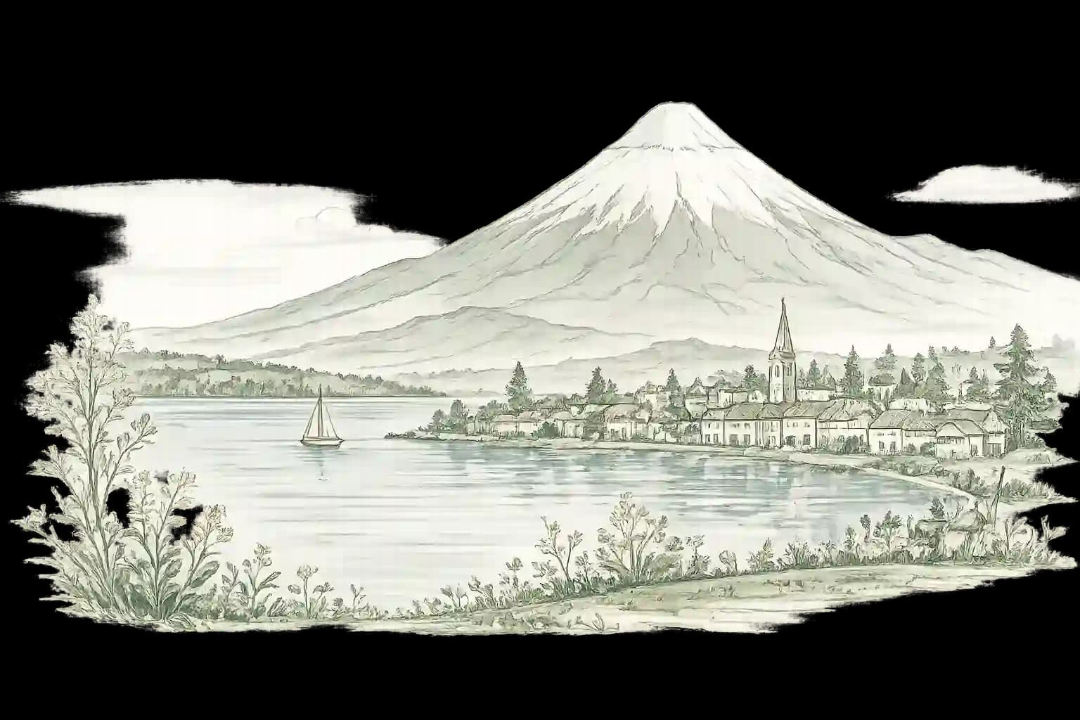 Dibujo artesanal del Lago Llanquihue y el Volcán Osorno