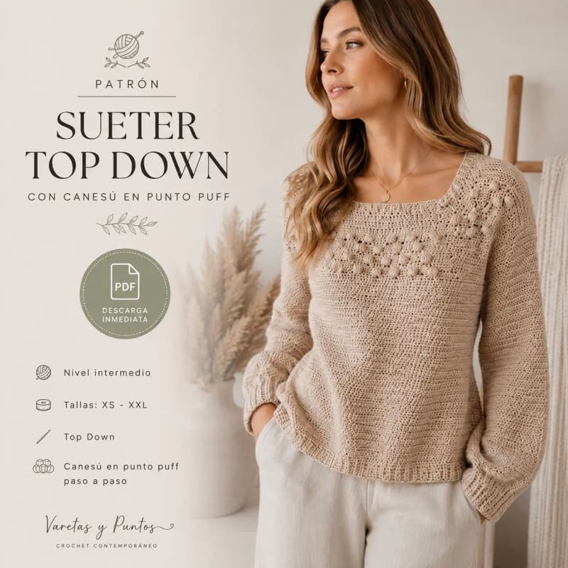 Patrón Suéter Top Down con Canesú en Punto Puff (PDF)