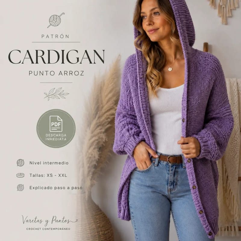 Patrón de Crochet: Cárdigan Punto Arroz con Capucha (PDF)